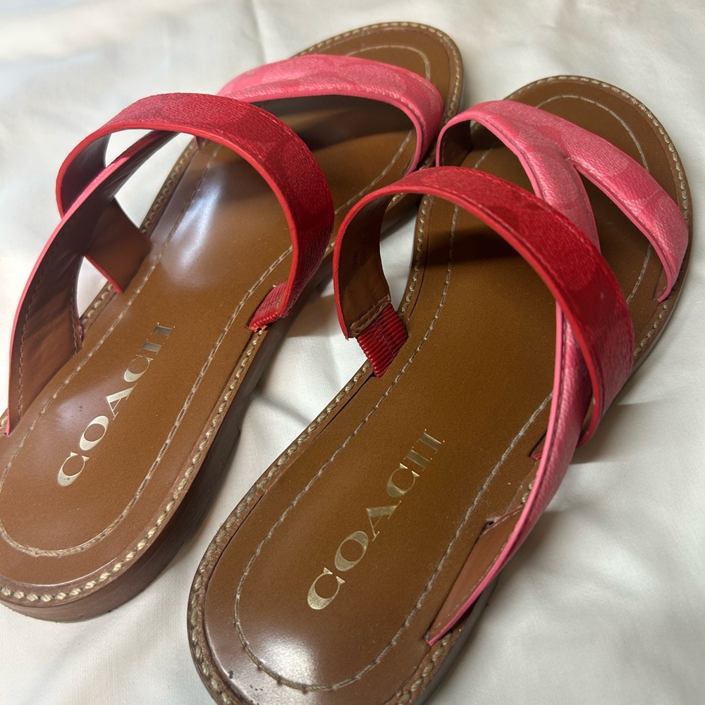 Coach Pink and Red Double-Strap Leather Slide Sandals
